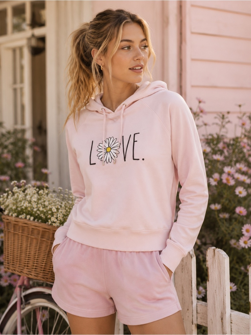 NWOT Women’s Large | Rae Dunn | Pink “LOVE” Daisy Lightweight Hoodie